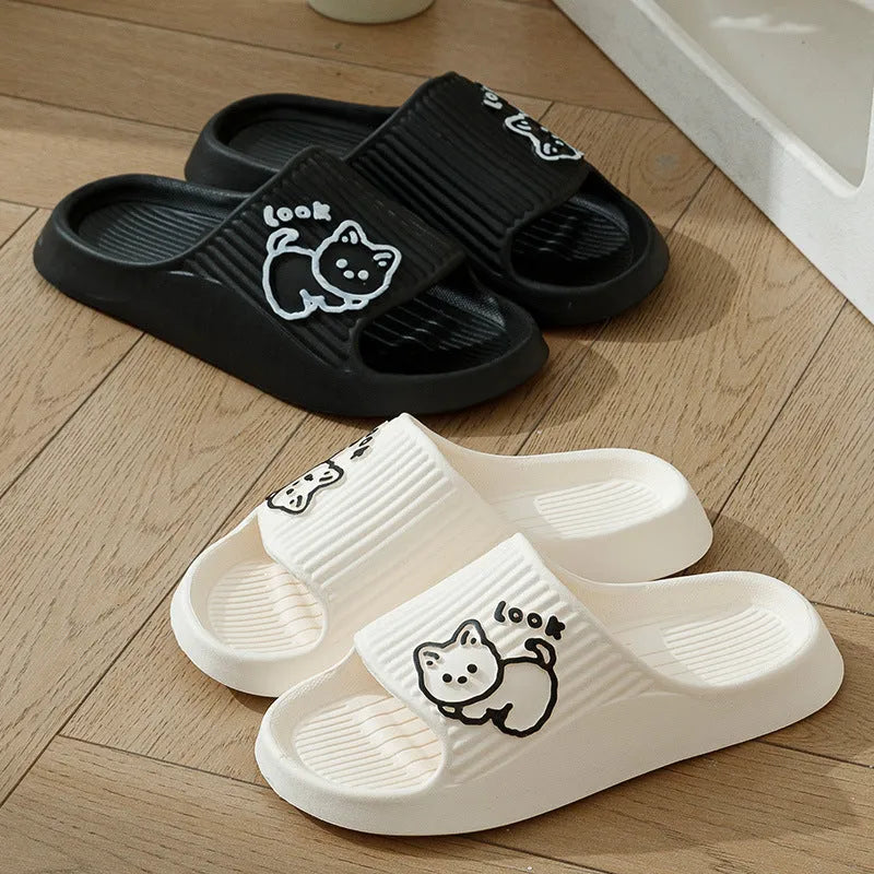 Women's cat print platform slippers in green, with a thick non-slip EVA sole for indoor and outdoor use.