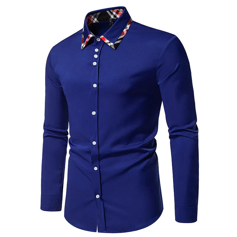 Men's blue plaid shirt with triangle collar and long sleeves