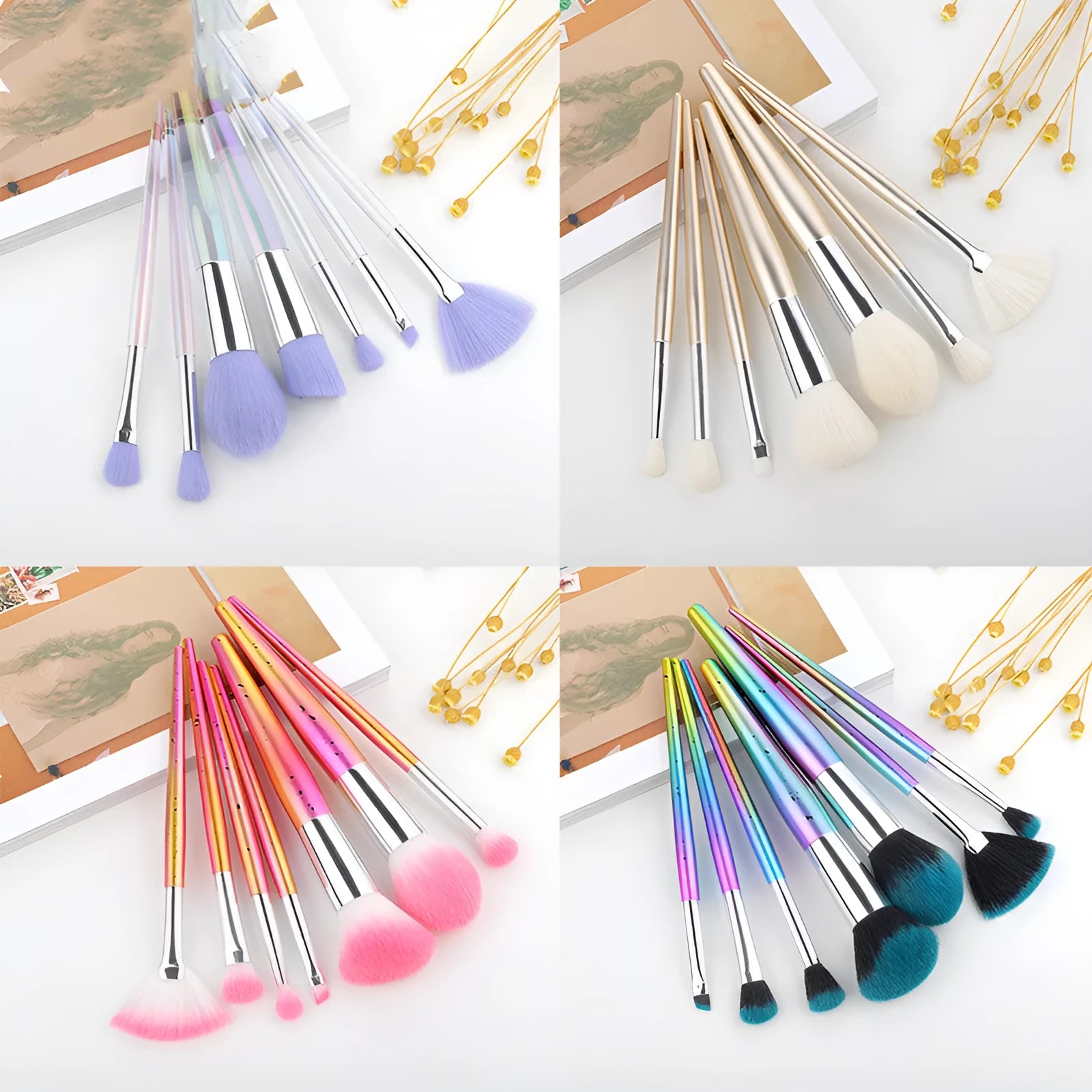 Water drop pattern makeup brush set of seven brushes with blue gold pink purple and transparent handles on white background