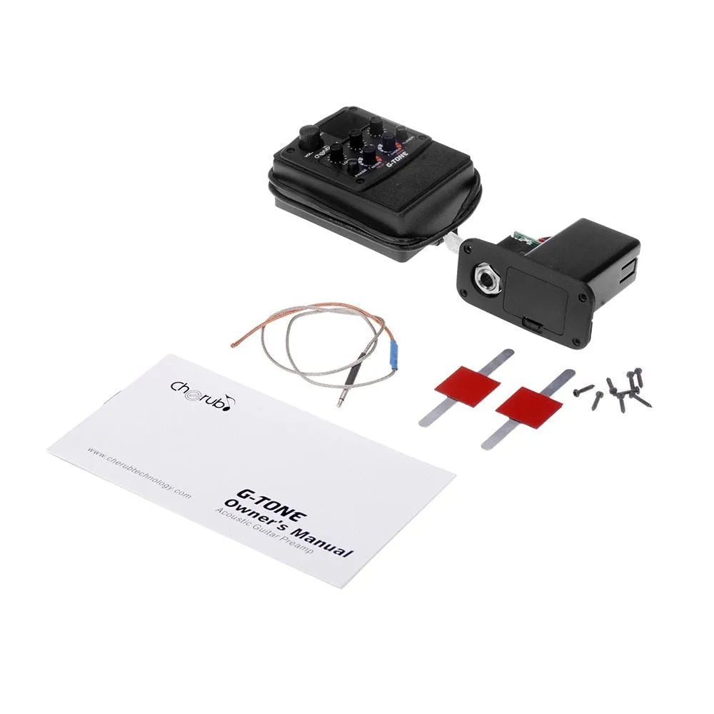 Cherub GT-6 black acoustic guitar EQ pickup unit with control knobs for volume, EQ and effects.