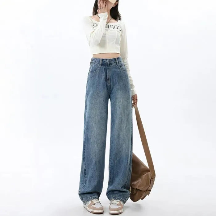 Women's retro blue wide leg jeans with high waist and straight cut design