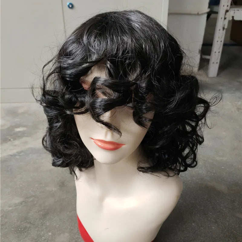 Black synthetic Afro wig with long curly hair in short European American style