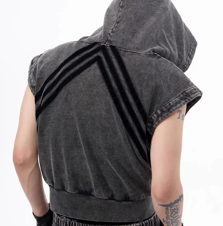 Stitching fur washed and worn sleeveless hooded tank top vest short Korean street style black and gray