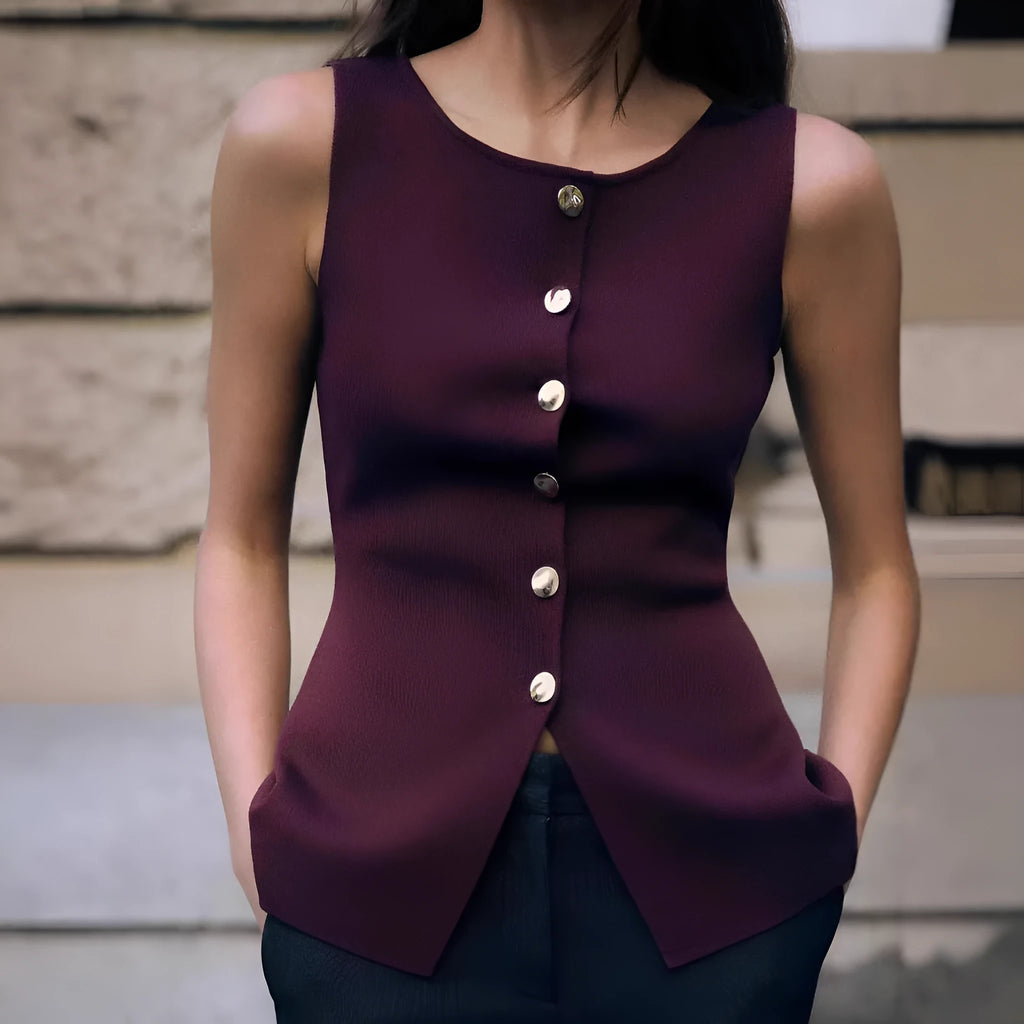 Women's dark red slim fit viscose vest cardigan with 3D textured pattern