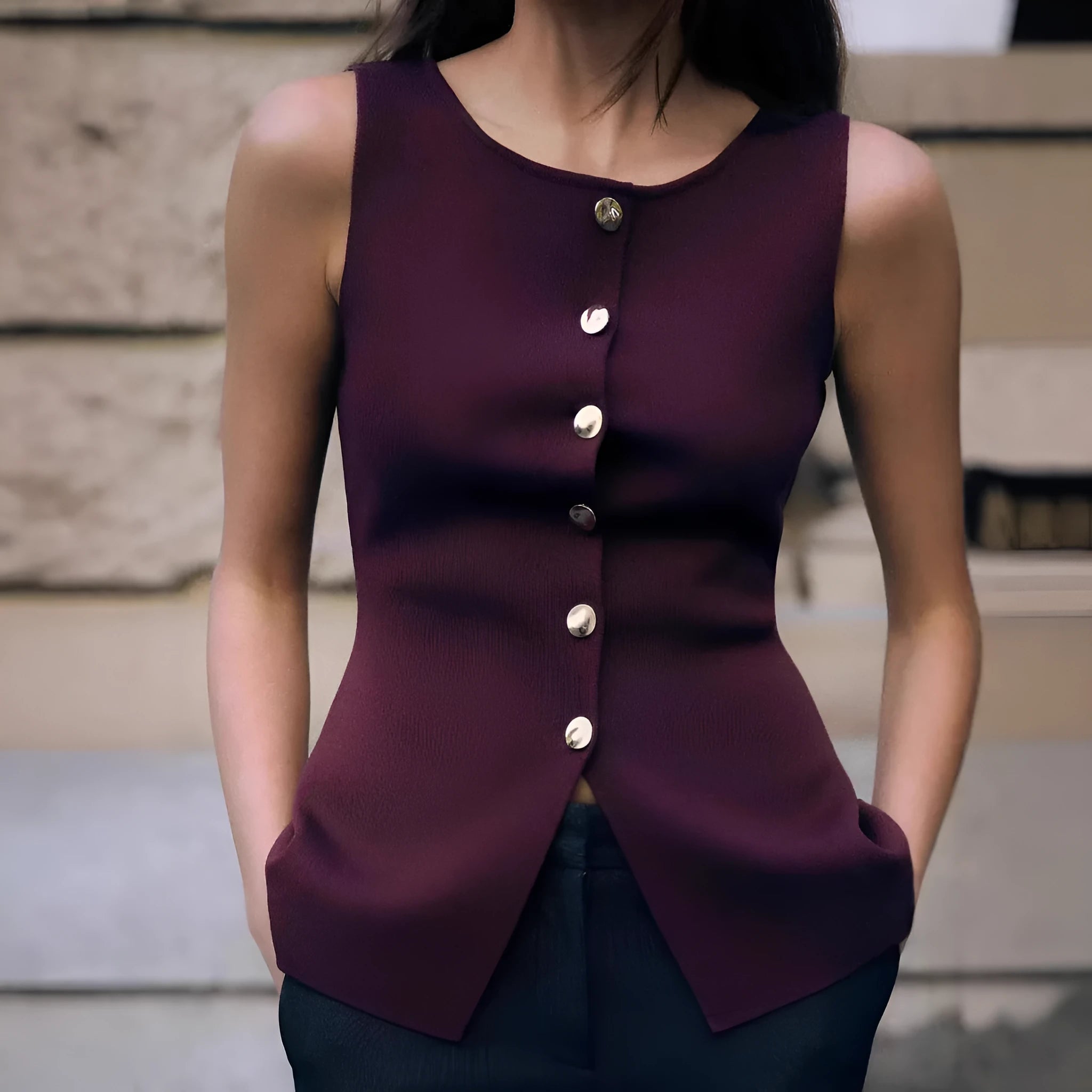 Women's dark red slim fit viscose vest cardigan with 3D textured pattern