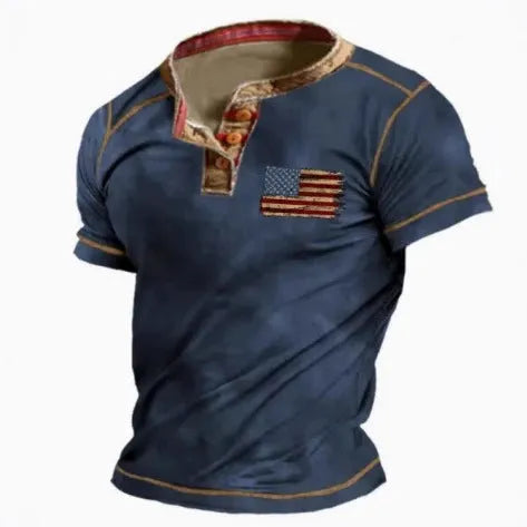 Men's blue short sleeve sports t-shirt with 3D printed graphic and lapel button detail