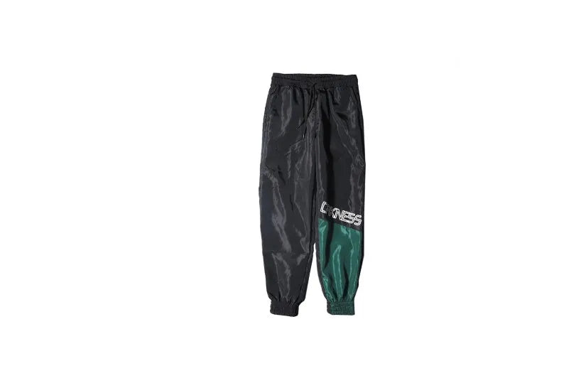 Japanese hip hop trousers with colour stitching, printed letters and bouquet foot in green or white