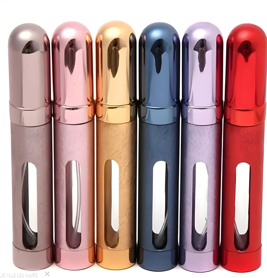 12ml aluminium travel perfume bottle with glass liner in various colours including blue, gold, pink, red, silvery, violet