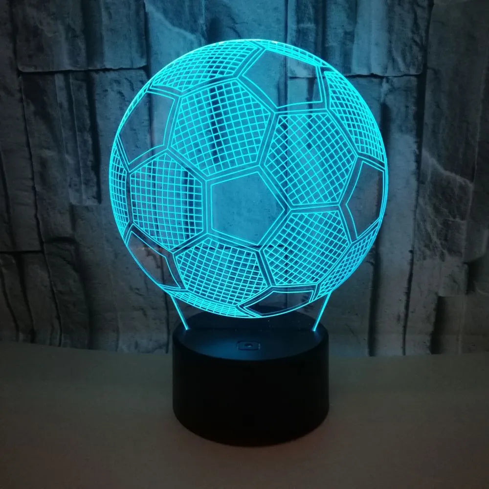 3D football shaped night light displaying multiple colours with touch control and USB power connection