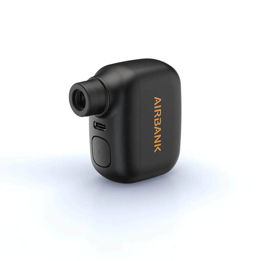 Black AS100 mini electric bicycle pump with USB charging cable and waterproof bag