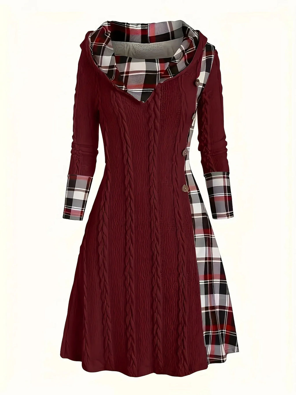 Women's hooded sunken stripe sweater pullover dress in solid colour with A-line mid waist and long sleeves