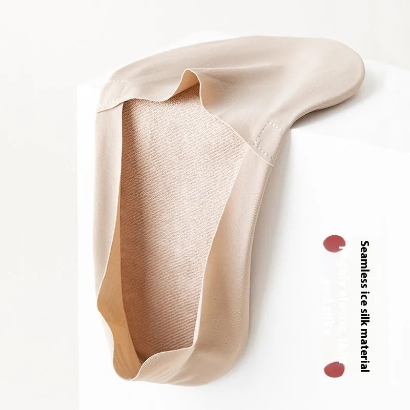 Men's invisible low cut socks with cotton bottom and ice silk, shown in black, gray, navy, khaki, white and green.