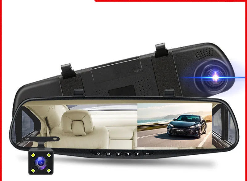 Black car driving recorder with 4.3-inch rearview mirror display, dual lens, 170° angle and 8MP night vision