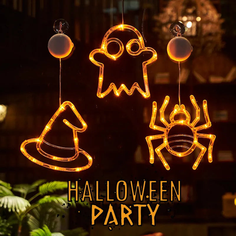 Seven Halloween-themed battery LED window lights with spiders, pumpkins, ghosts on suction cups