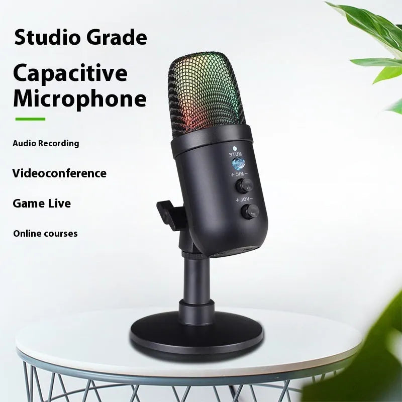 Black USB microphone with RGB lighting for computer and mobile live streaming and gaming