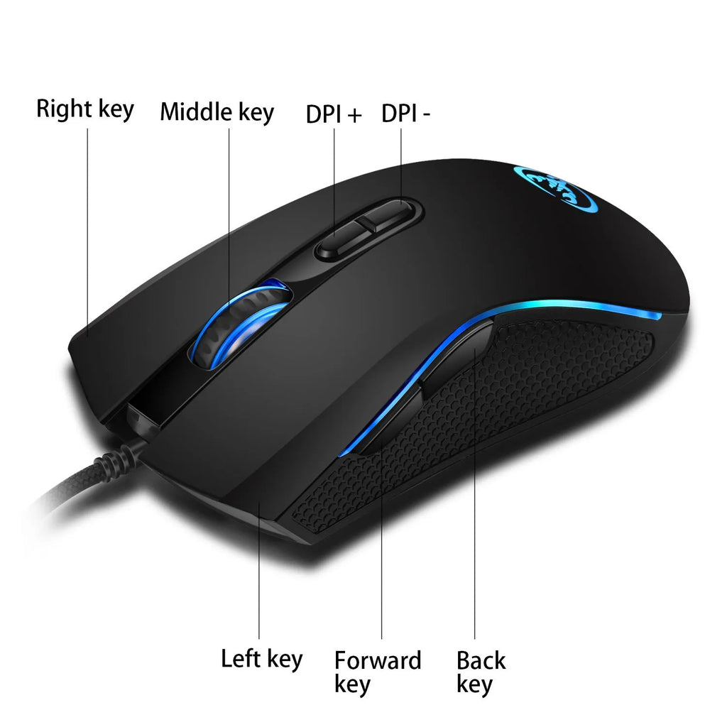 White and black gaming keyboard and mouse combo with colour backlight on a desk.