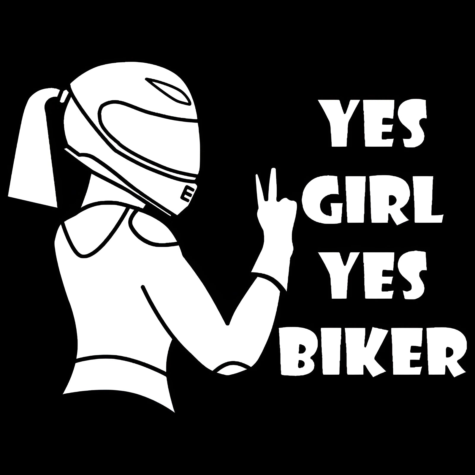 Cool Girl Rider character car sticker in black, white, or laser finish, measuring 16cm by 15cm.