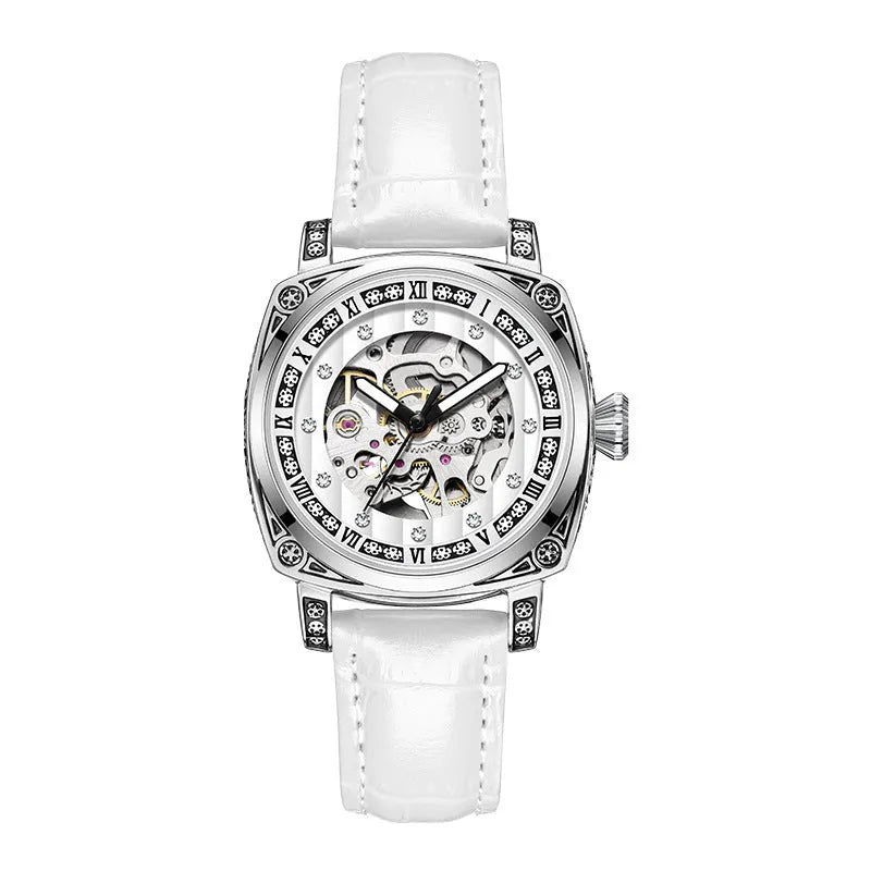 Men's mechanical analogue watch with luminous hands on a leather strap, shown in multiple colour options.