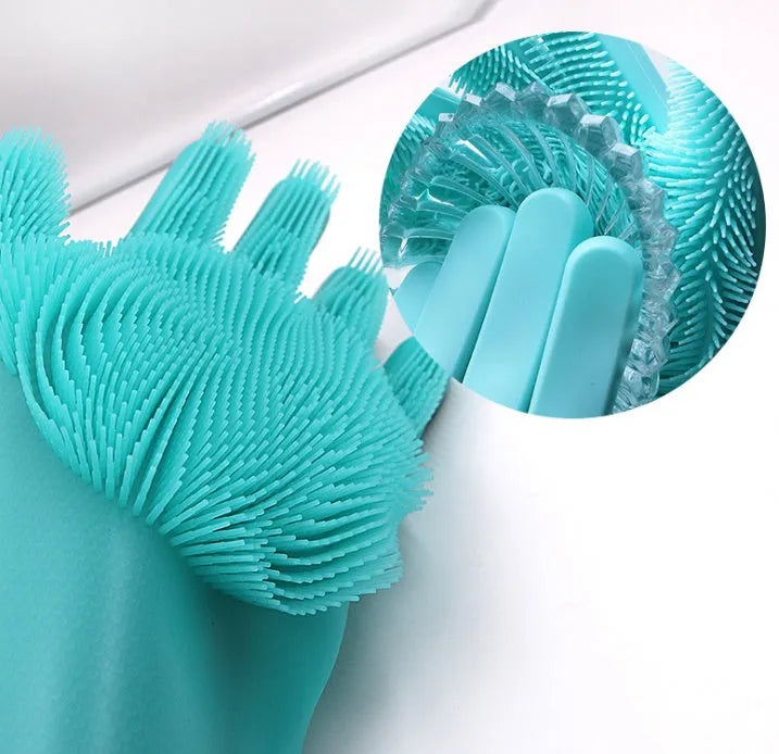 A pair of blue silicone cleaning gloves with a textured sponge-like surface for scrubbing.