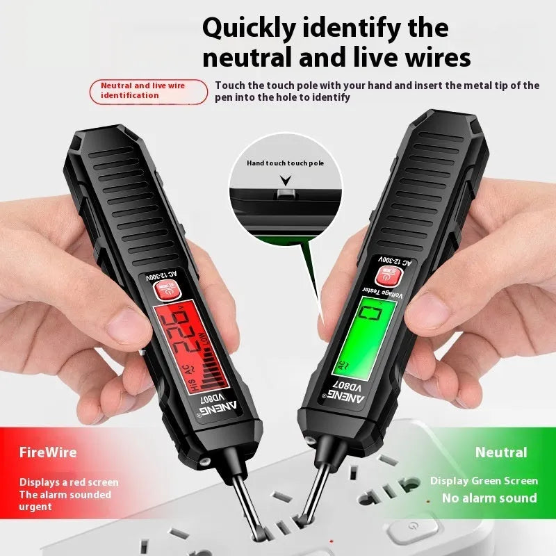 Black and red digital voltage testing pen with LCD display for 12V-300V detection