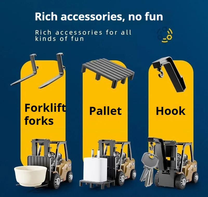 Remote control miniature alloy forklift on desk with remote control unit