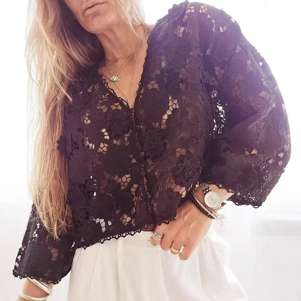 Women's polyester lace cardigan with three-dimensional floral decoration, V-neck, and long sleeves in black colour