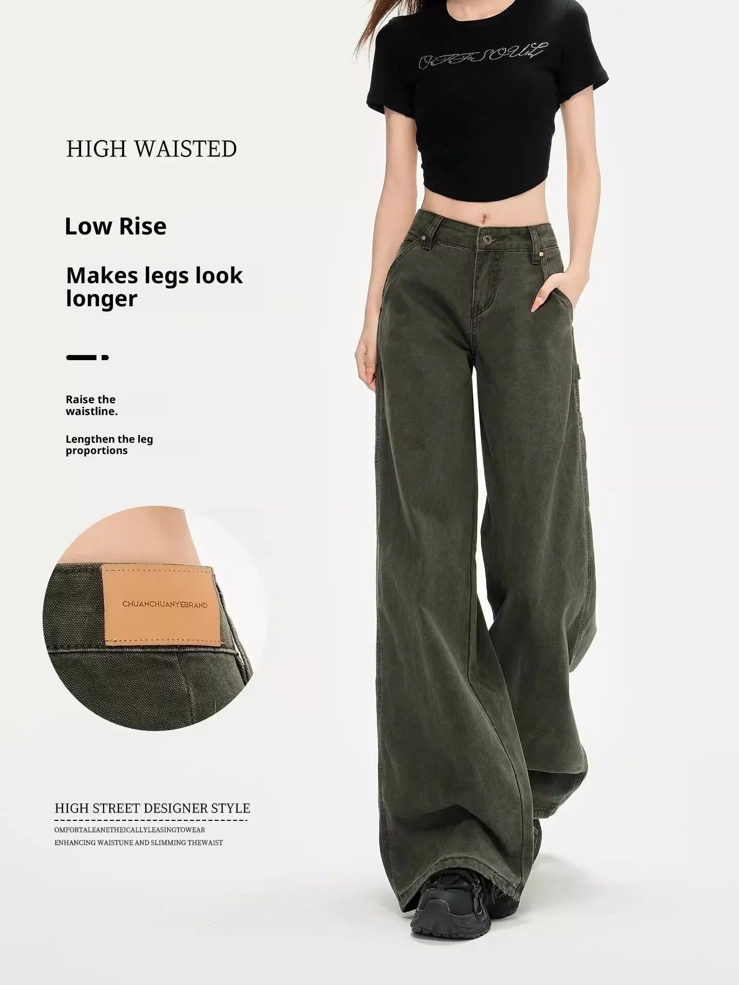 Women's Army Green denim flared overalls with loose straight-leg and ultra-low-rise waist