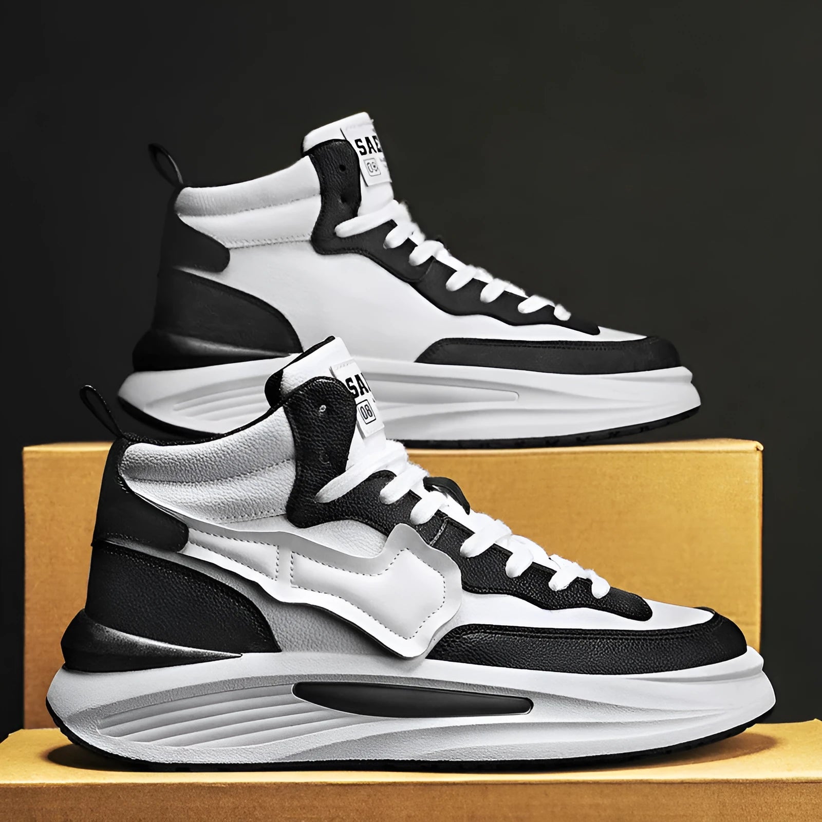 Men's black and white platform high-top board shoes with artificial PU upper and round toe