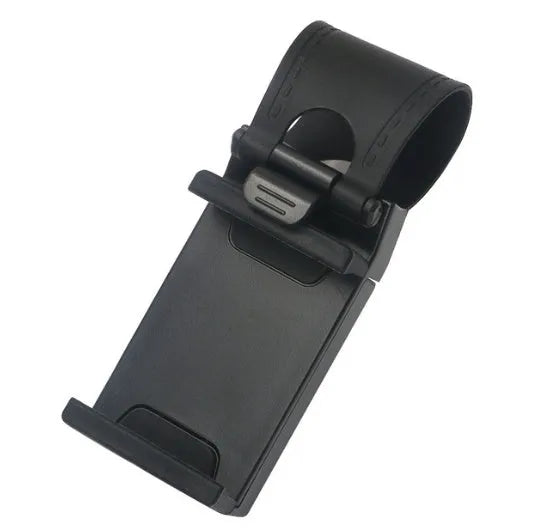 Black car steering wheel clip mount holder showing iPhone compatibility for hands-free navigation