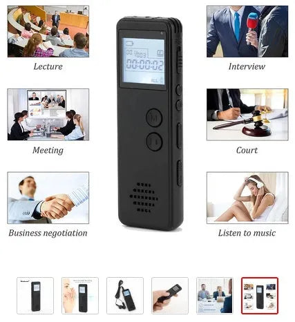 Black digital voice recorder with screen and buttons for MP3 recording