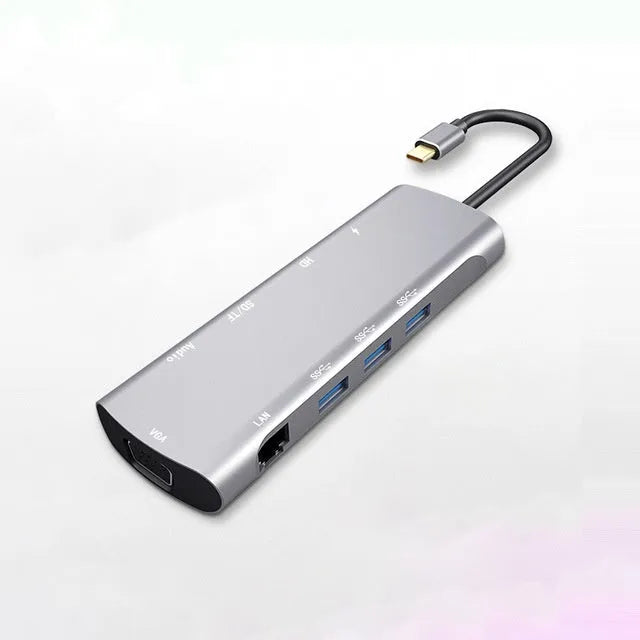 Grey aluminium USB-C docking station with HDMI, VGA and USB ports