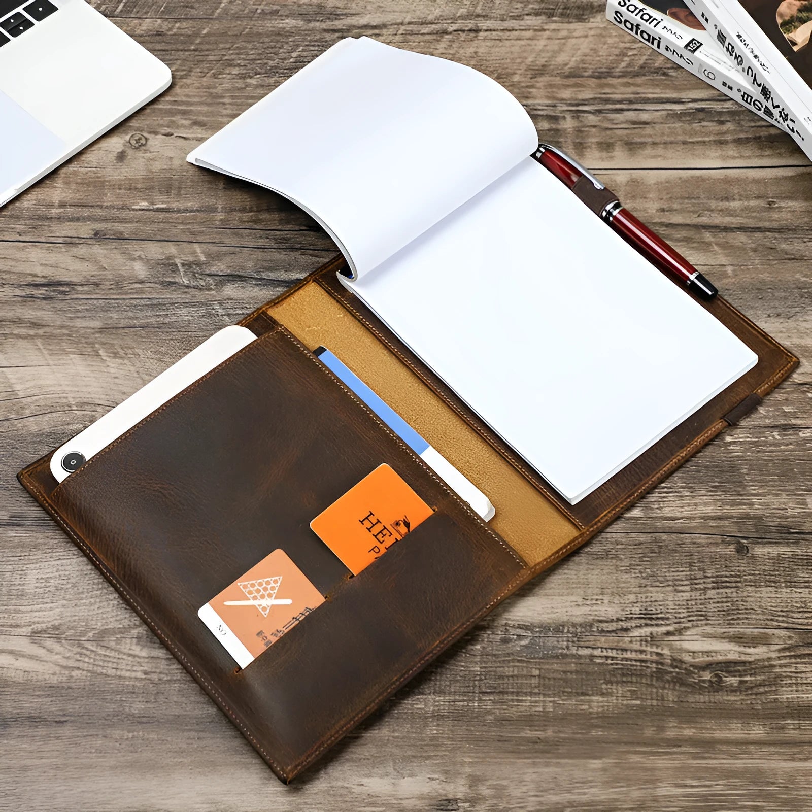 Brown Crazy Horse leather A5 notebook protective sleeve, square socket-type design