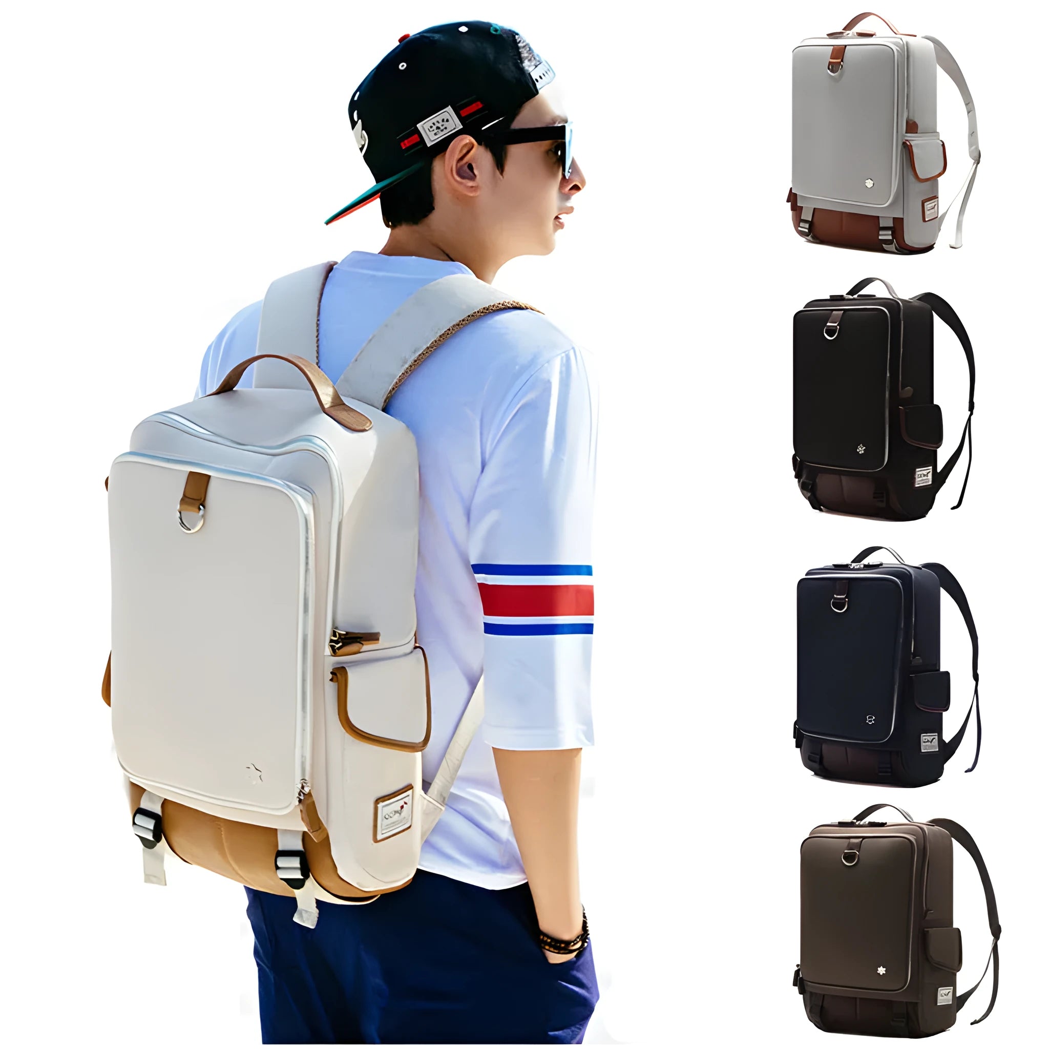 Large men's backpack in Oxford cloth, shown in grey, with dimensions 30cm by 16cm by 46cm.