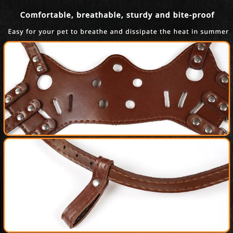 Adjustable dog muzzle in black or brown, sizes XS to XXL for anti-barking and bite prevention.