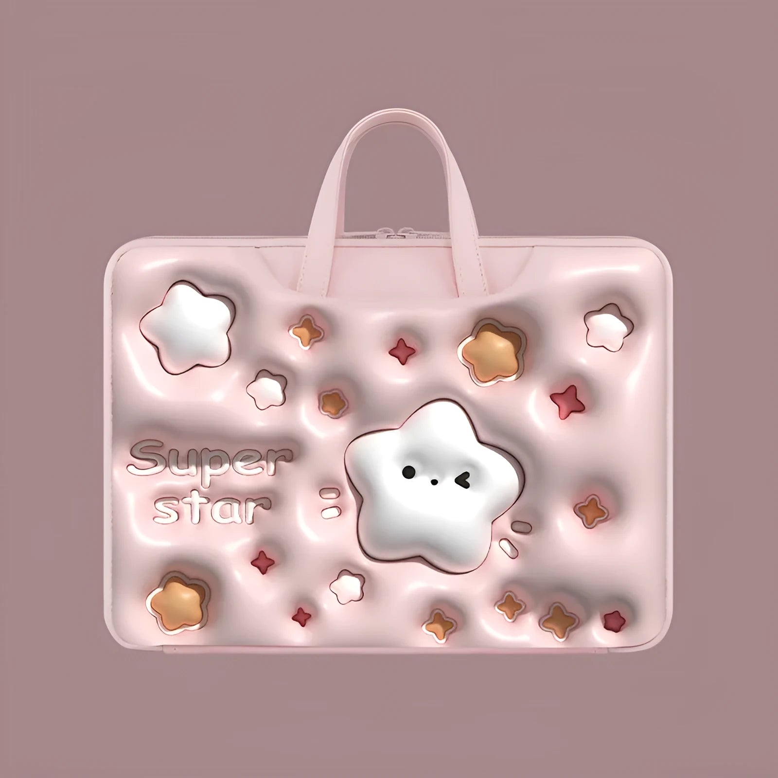 PU leather inflatable laptop bag with shoulder strap in Cat Beige colour, shown next to a laptop.