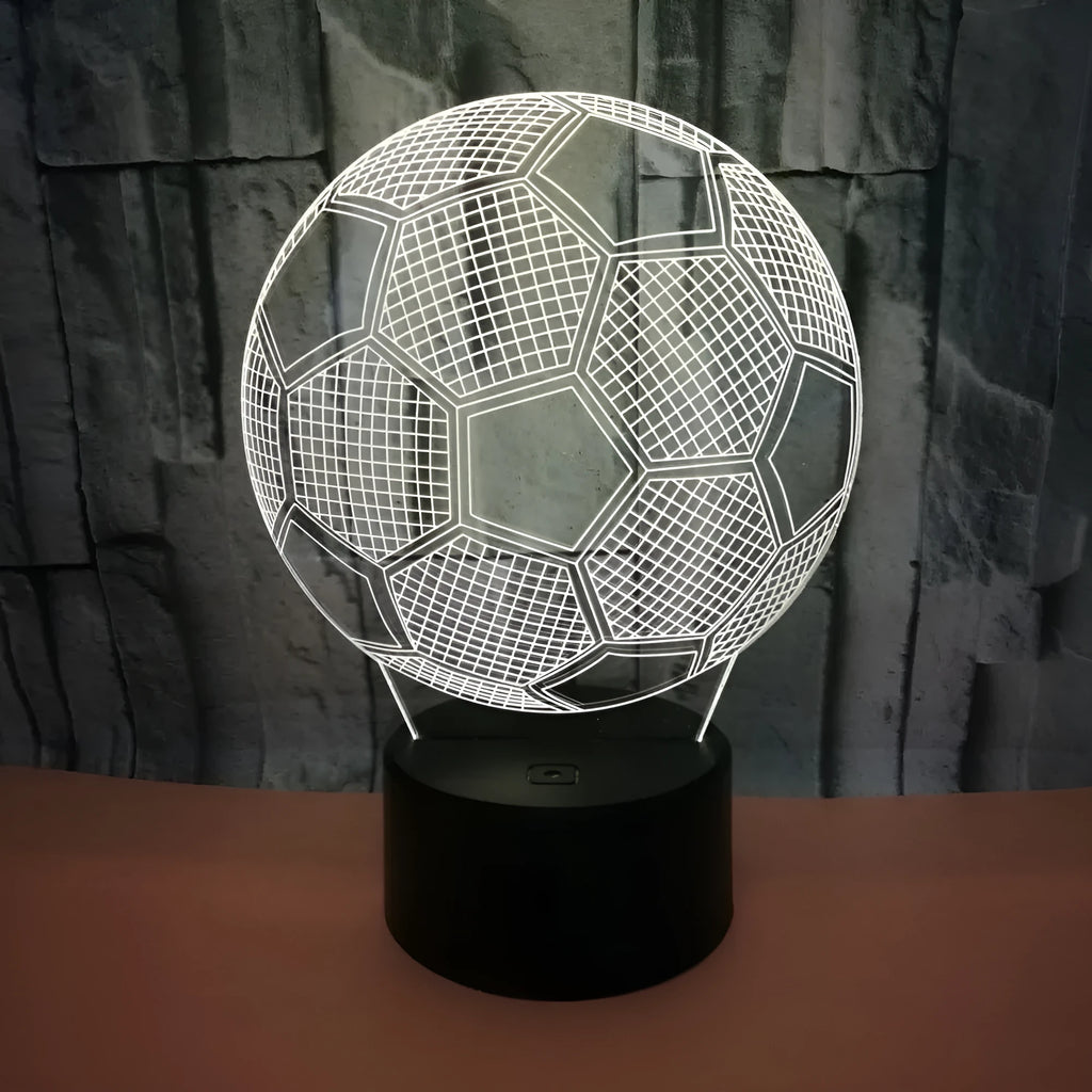 3D football shaped night light displaying multiple colours with touch control and USB power connection
