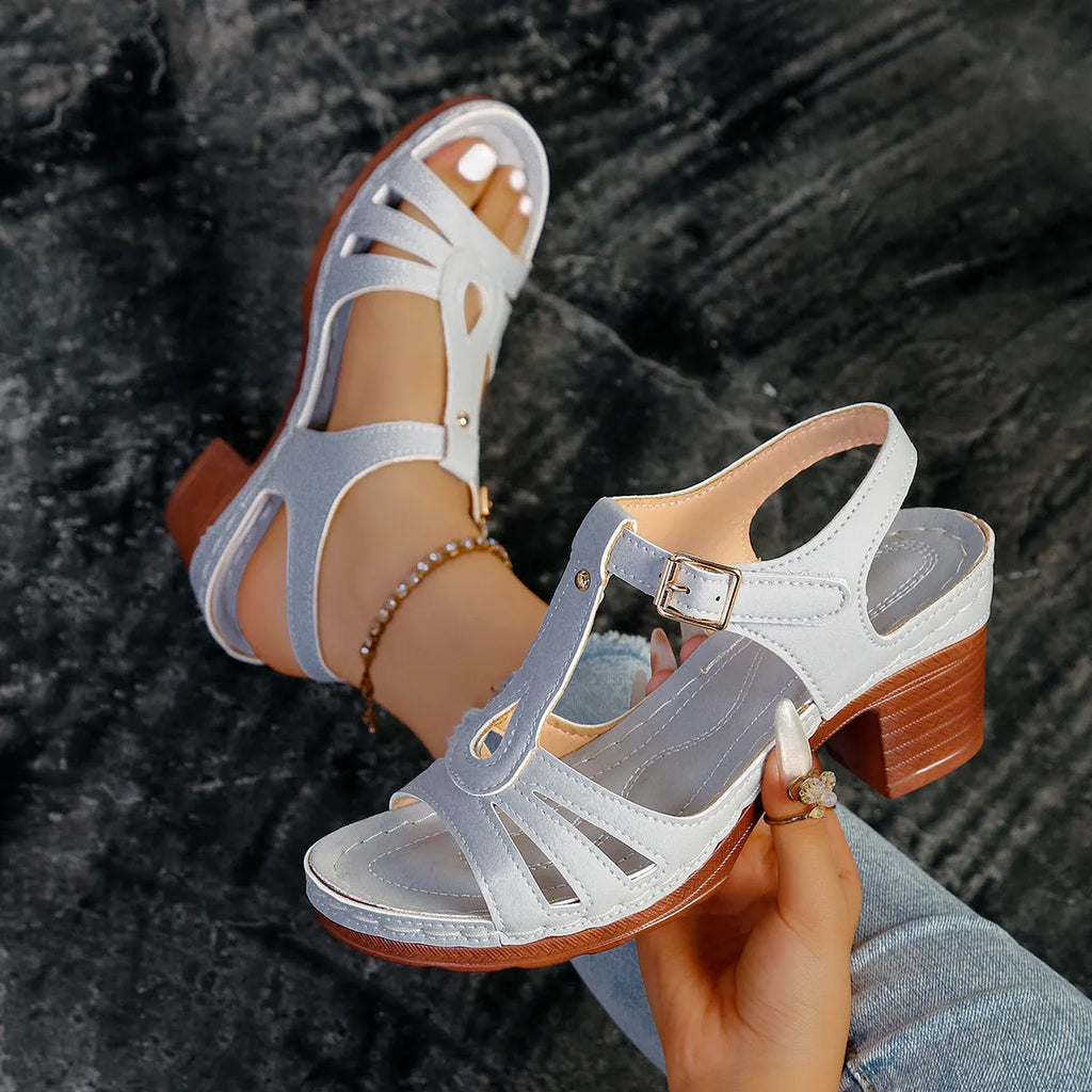 Women's peep toe wedge platform sandals in light brown with an adjustable buckle strap.