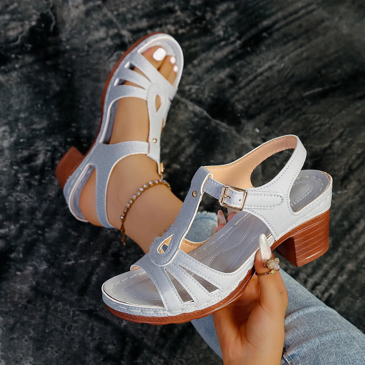 Women's peep toe wedge platform sandals in light brown with an adjustable buckle strap.