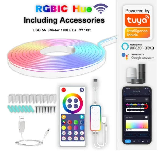 3 metre USB LED neon strip lights with remote control showing RGB colour changing functionality