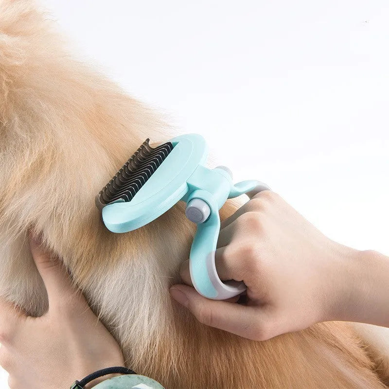 Two-headed dog comb knot with rotating design in blue, featuring steel teeth and TPR handle