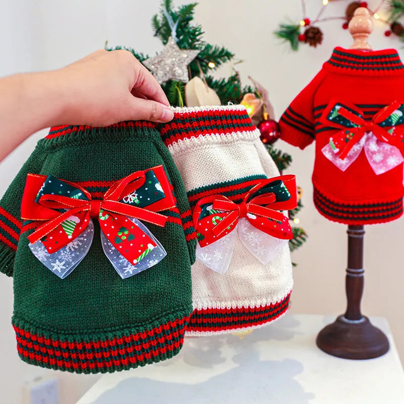 Red and green Merry Christmas design dog jumper on a small pet, showing the festive pattern and knit construction.