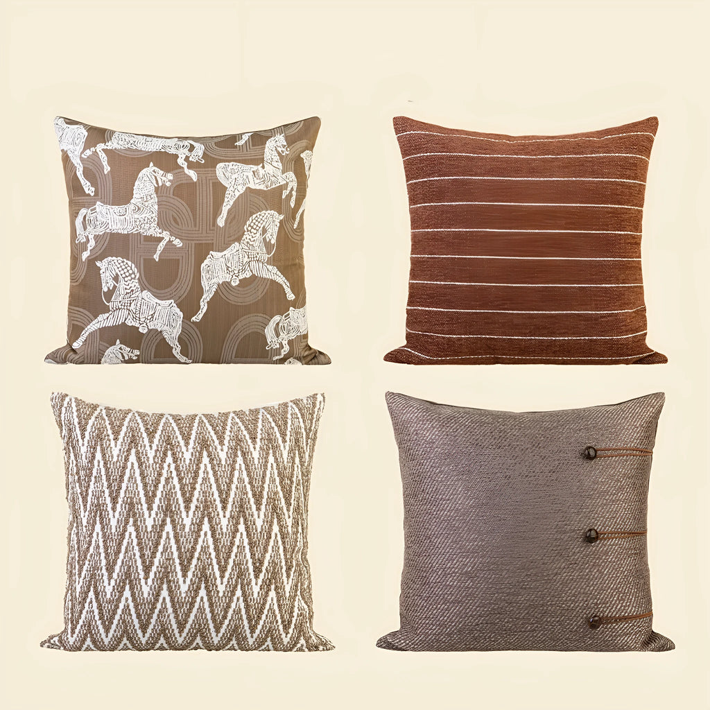 Chinese style 45cm square cushion with geometric Maillard pattern in brown tones