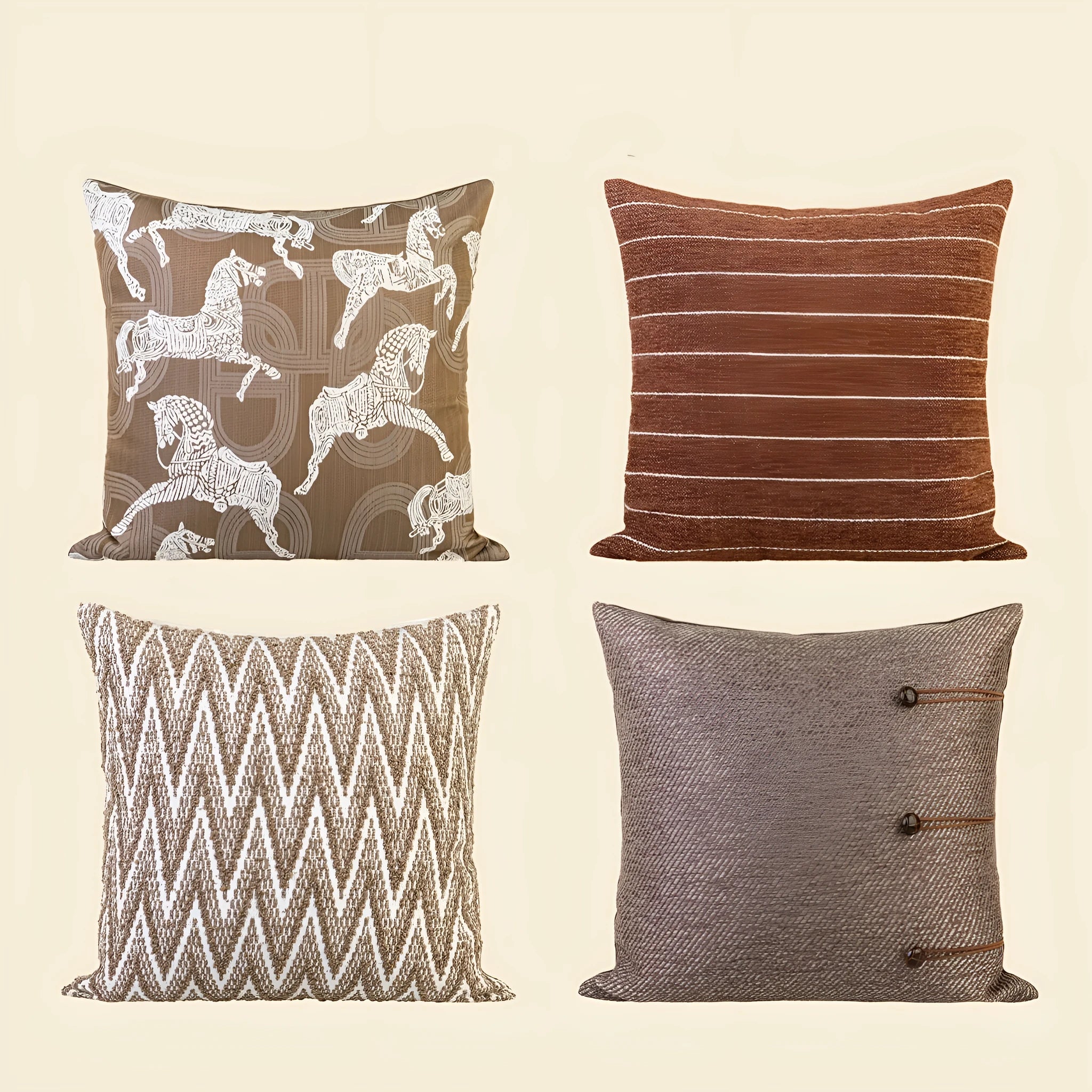 Chinese style 45cm square cushion with geometric Maillard pattern in brown tones