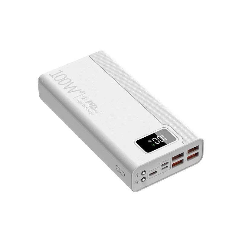 Black and white large capacity power bank with plastic shell showing fast charge support.