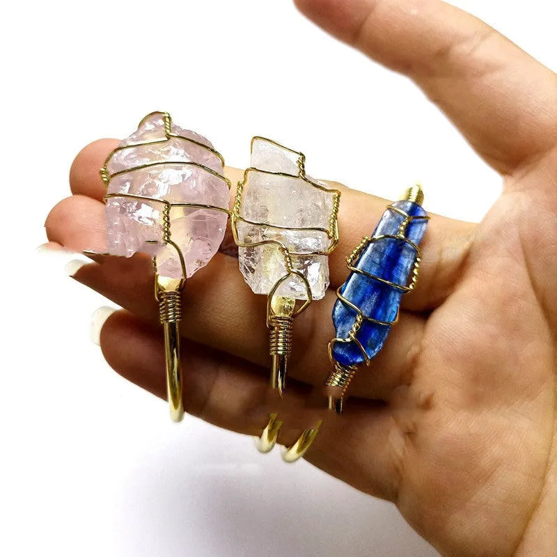 Natural crystal rough stone bracelet with gold geometric winding wire in bohemian style