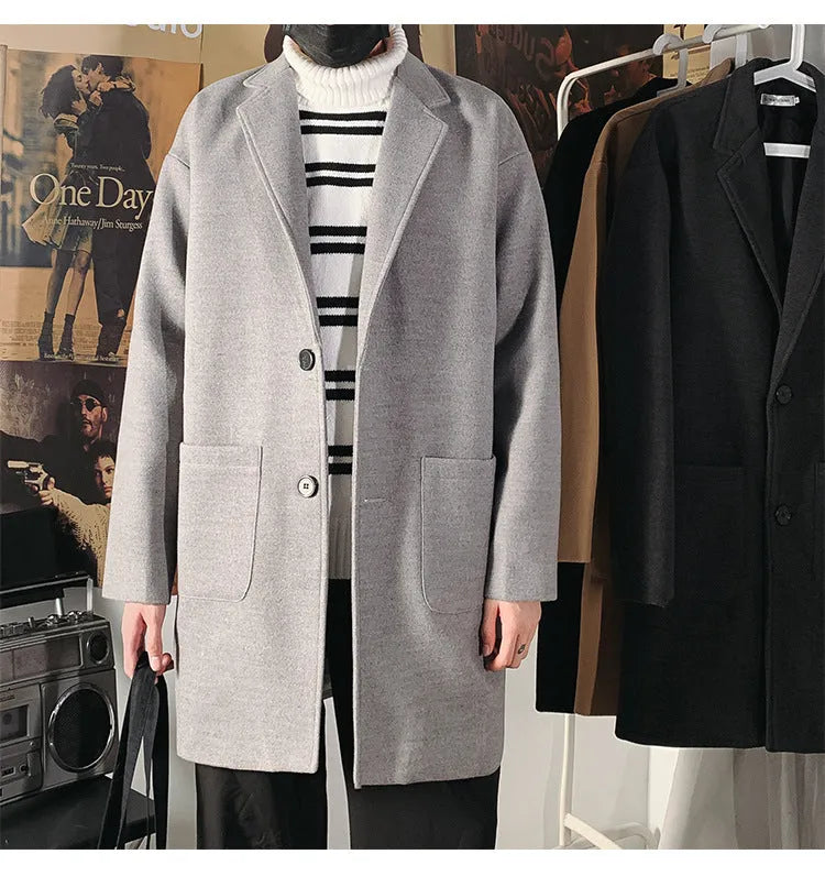 Men's mid-length slim woolen coat with single-breasted placket, lapel collar and patch pockets in black, grey or khaki