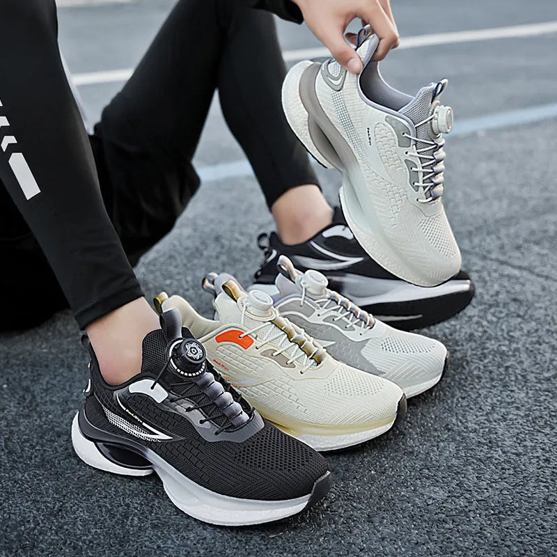 Men's white low-top running shoes with a rotating buckle closure and fly-knit mesh upper.