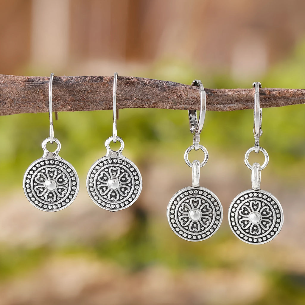 Bohemian style retro round print distressed ethnic earrings with geometric shapes in zinc alloy