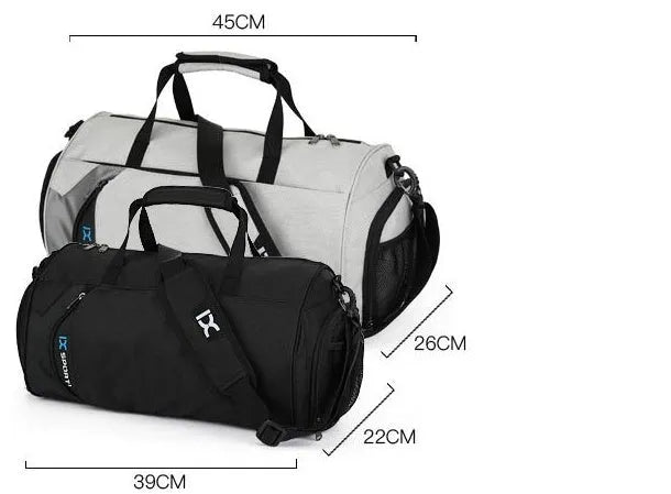 Men's waterproof nylon sports training bag with trolley strap and wet-dry separation, 45x26x26cm, in black