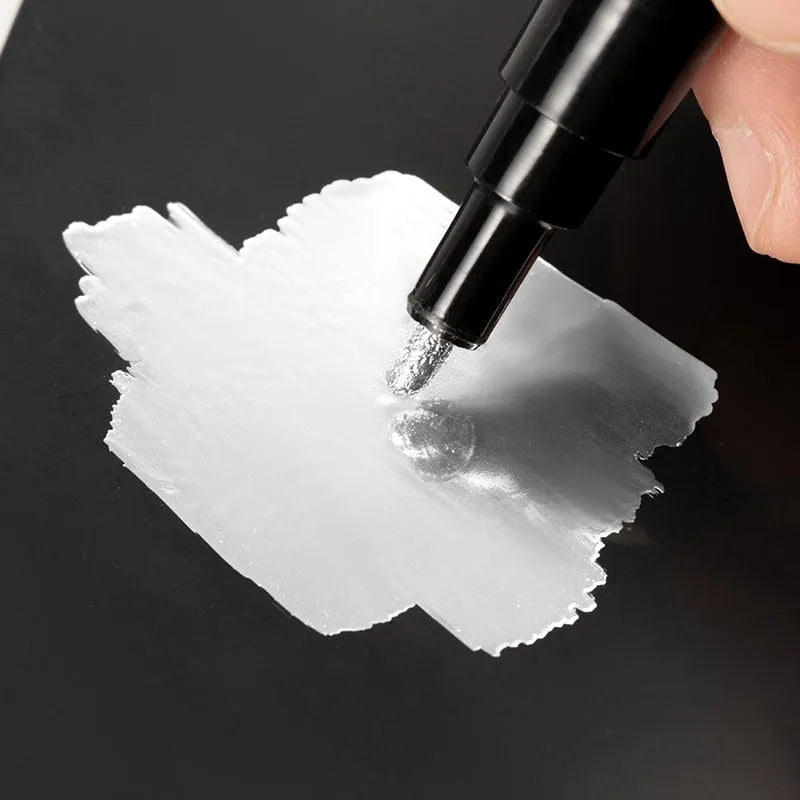 Waterproof mirror marker pen with plastic body, shown with 1mm and 2mm fine tip options.